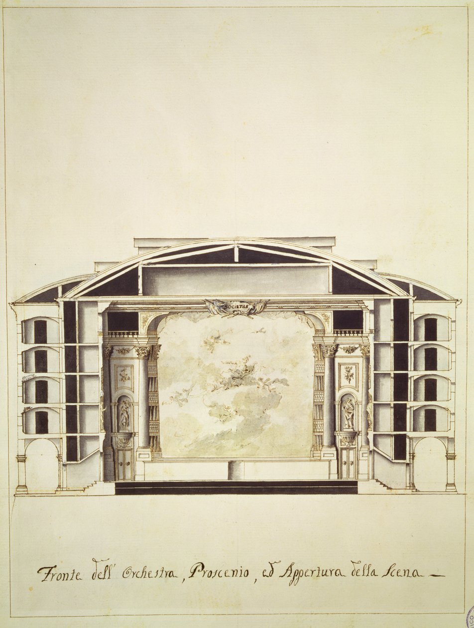 Przekrój teatru na Canale Grande ze sceną i orkiestrą, 1787 autorstwa Pietro Bianchi