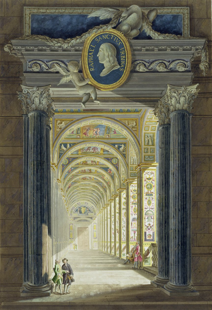 Frontyspis z medalionowym portretem Rafaela (1483-1520), z Delle Loggie di Rafaele nel Vaticano, rytowany przez Giovanniego Volpato (1735-1803), wydany ok. 1772-77 (rycina ręcznie kolorowana) autorstwa Pietro Camporesi