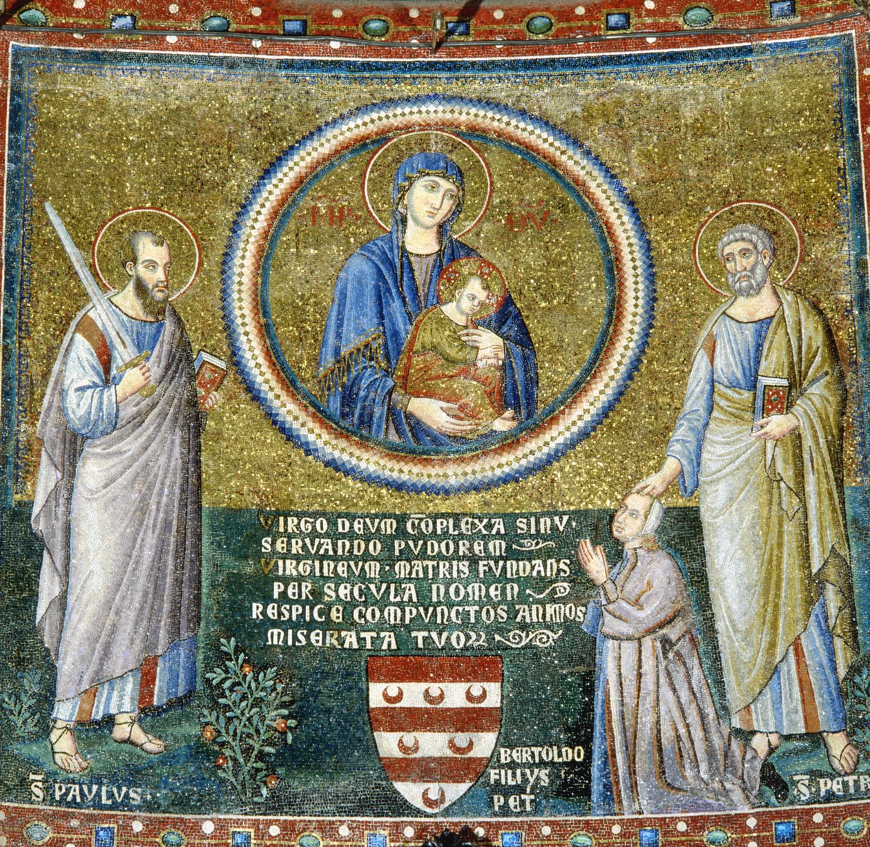 Madonna z Dzieciątkiem między świętymi Piotrem i Pawłem z patronem Stefaneschi (mozaika) autorstwa Pietro Cavallini