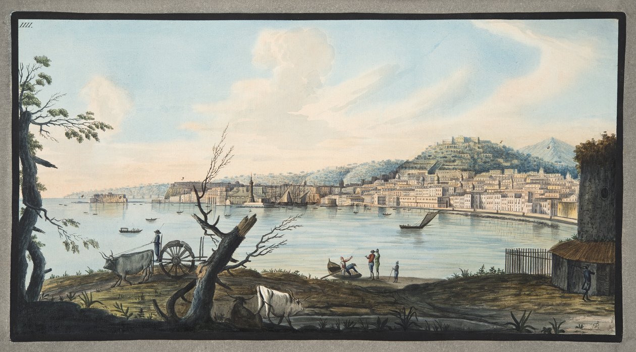 Zatoka Neapolitańska z brzegu morza w pobliżu mostu Maddalena, plansza 4 z "Campi Phlegrai: Observations of the Volcanoes of the Two Sicilies", autorstwa Sir Williama Hamiltona (1730-1803) wydanej w 1776 r. (wc na papierze) autorstwa Pietro Fabris