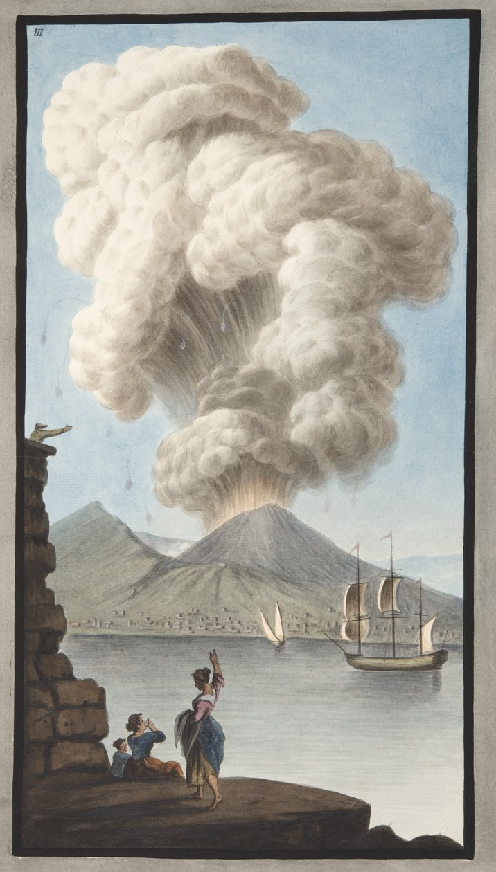 Erupcja Wezuwiusza, poniedziałek 9 sierpnia 1779, płyta 3, opublikowana jako dodatek do „Campi Phlegraei: Observations on the Volcanoes of the Two Sicilies” Sir Williama Hamiltona (1730-1803), opublikowanego autorstwa Pietro Fabris