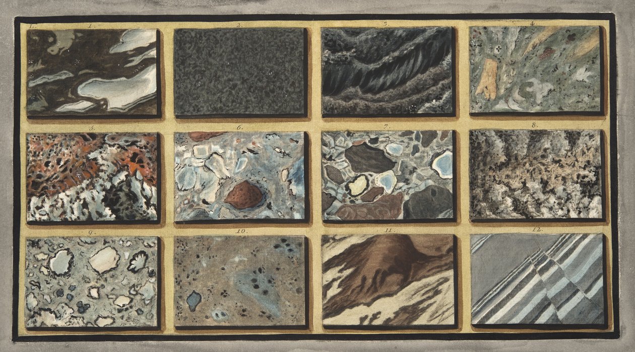 Marmur i inne mieszane kamienie Wezuwiusza polerowane, płyta L, z „Campi Phlegraei: Observations on the Volcanoes of the Two Sicilies”, Sir William Hamilton (1730-1803), opublikowanej 1776 (kolor dłoni autorstwa Pietro Fabris