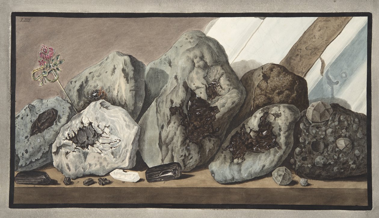 Kamienie kryształów zwane klejnotami Wezuwiusza, tablica LIIII, z "Campi Phlegraei: Observations on the Volcanoes of the Two Sicilies", autorstwa Sir Williama Hamiltona (1730-1803), opublikowanej w 1776 r. (ręcznie kolorowana). autorstwa Pietro Fabris