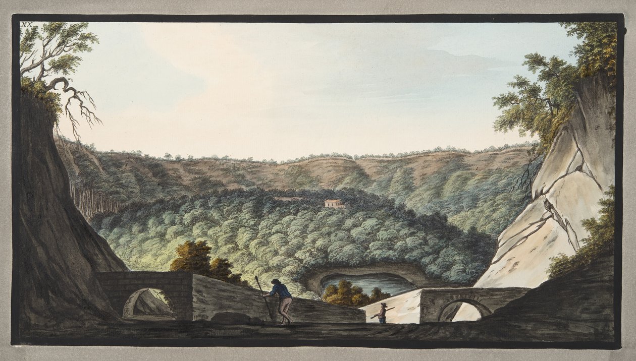Widok na krater Astruni z miejsca przedstawionego na rycinie XIX; Tablica XX, z „Campi Phlegraei: Obserwacje na wulkanach dwóch Sycylii”, Sir William Hamilton (1730-1803), autorstwa Pietro Fabris