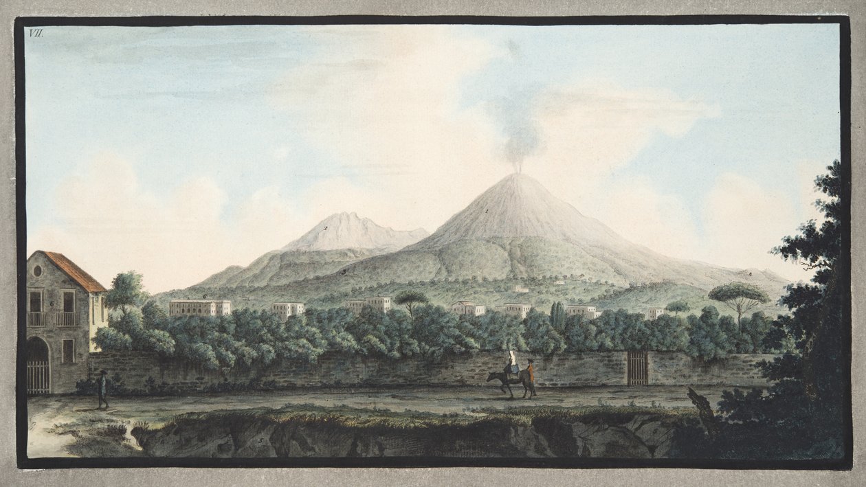 Widok na Wezuwiusz od strony morza, z „Campi Flegrei: Obserwacje na wulkanach Dwóch Sycylii”, Sir William Hamilton (1730-1803), opublikowany 1776 (rycina ręcznie kolorowana) autorstwa Pietro Fabris