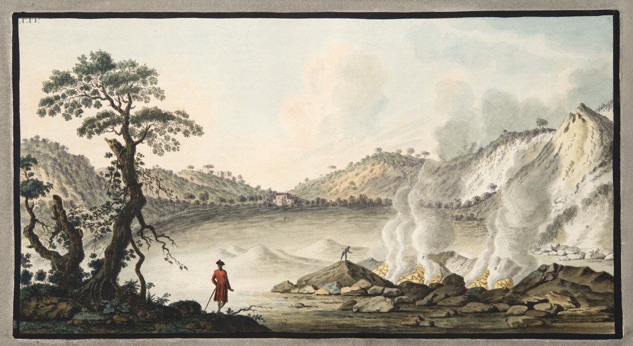 Widok Solfaterra, ilustracja XXV, z „Campi Phlegraei: Obserwacje na wulkanach dwóch Sycylii”, Sir William Hamilton (1730-1803), wydana w 1776 r. (rycina ręcznie kolorowana) autorstwa Pietro Fabris