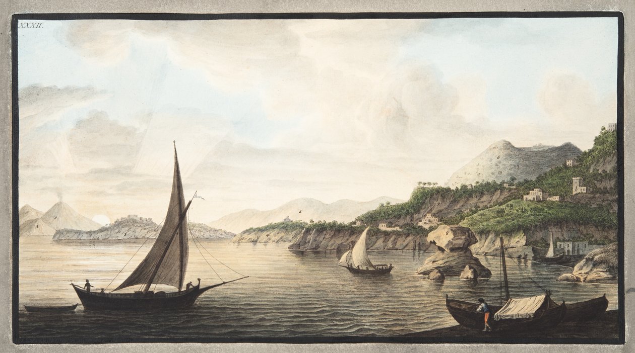 Widok na część wyspy Ischia zwaną Lacco, plansza XXXII, z "Campi Phlegraei: Observations on the Volcanoes of the Two Sicilies", autorstwa Sir Williama Hamiltona (1730-1803), opublikowanego w 1776 r. (rękopis). autorstwa Pietro Fabris