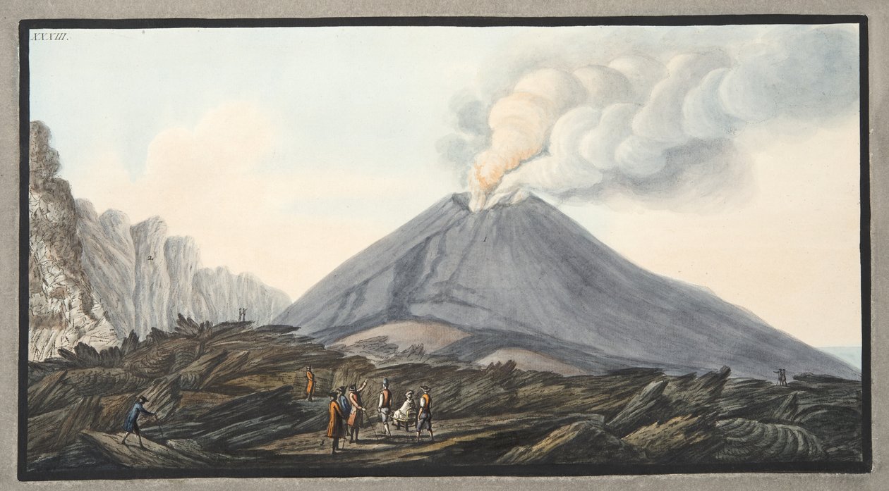 Widok na Atrio di Cavallo między Sommą a Wezuwiuszem, tablica 33 z "Campi Phlegraei: Observations on the Volcanoes of the Two Sicilies", autorstwa Sir Williama Hamiltona (1730-1803), opublikowanej w 1776 r. (wc na stronie autorstwa Pietro Fabris