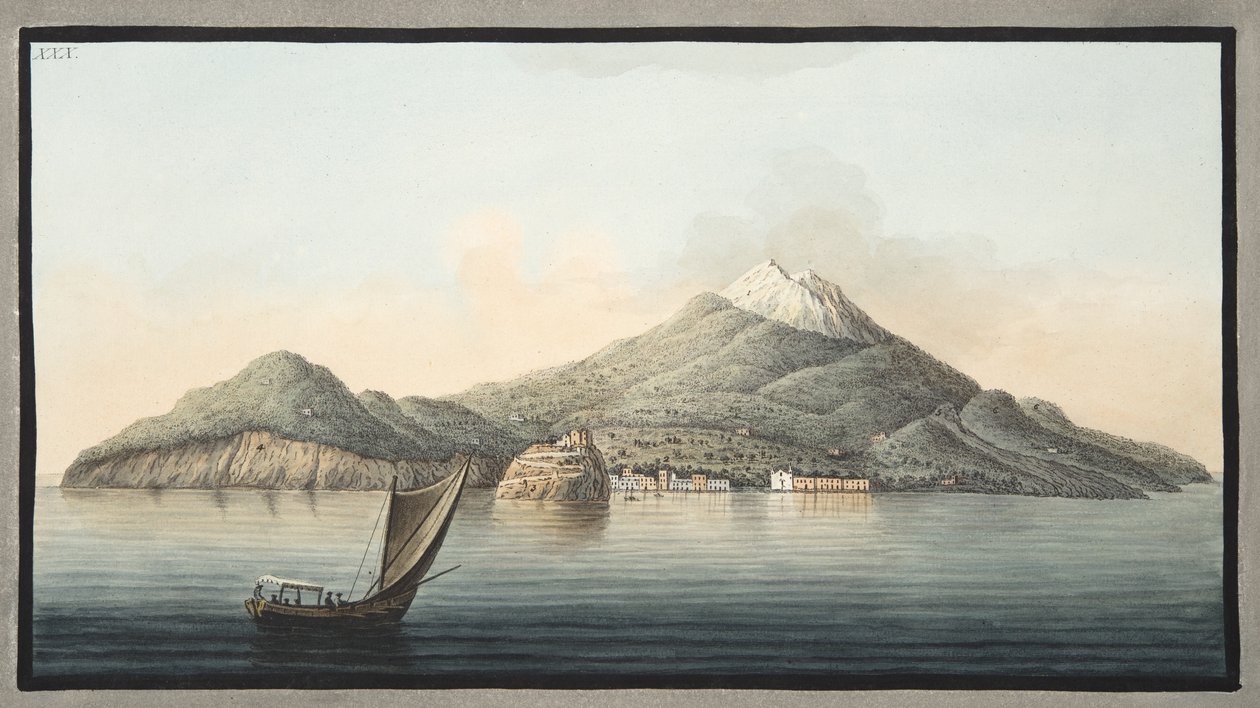 Widok na wyspę Ischia od strony morza, ilustracja XXX, z „Campi Phlegraei: Observations on the Volcanoes of the Two Sycilies”, Sir William Hamilton (1730-1803), opublikowana 1776 (ręcznie kolorowana inż. autorstwa Pietro Fabris