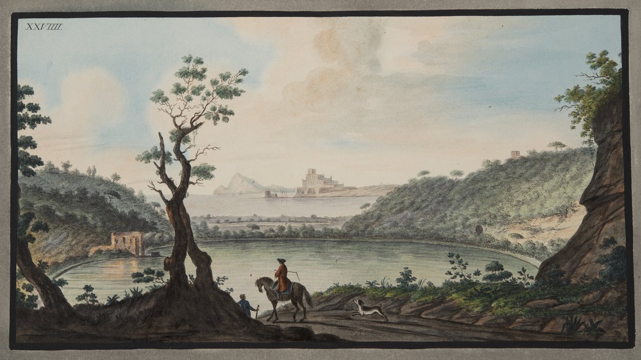 Widok na jezioro Avernus z drogi między Puzzoli i Cuma, ilustracja XXIX, z „Campi Phlegraei: Observations on the Volcanoes of the Two Sicilies” Sir Williama Hamiltona (1730-1803), opublikowanej 1 autorstwa Pietro Fabris