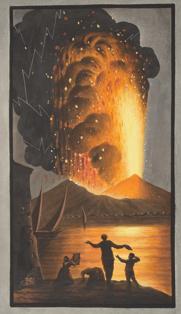 Widok wielkiej erupcji Wezuwiusza w niedzielną noc 8 sierpnia 1779 r. z pałacu Jego Sycylijskiej Wysokości w Pausilipo, tablica II, dodatek do "Campi Phlegraei: Obserwacje nad wulkanami o autorstwa Pietro Fabris