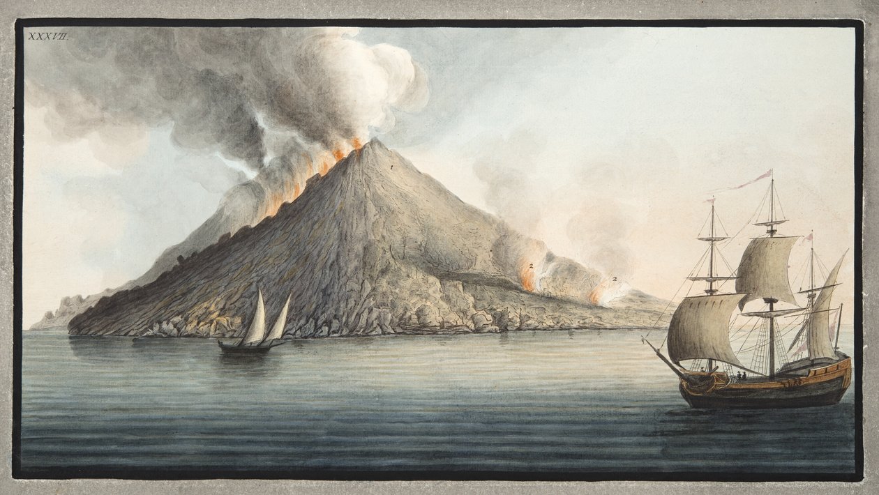Widok na wyspę Stromboli autorstwa Monsieur Fabris, ilustracja XXXVII, z „Campi Phlegraei: Observations on the Volcanoes of the Two Sicilies” Sir Williama Hamiltona (1730-1803), wydanej w 1776 r. ( autorstwa Pietro Fabris
