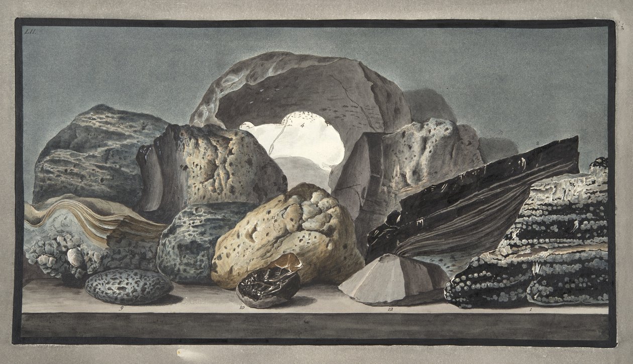 Zeszklenia i inne produkcje wulkaniczne, Plate LII, z „Campi Phlegraei: Observations on the Volcanoes of the Two Sicilies” Sir Williama Hamiltona (1730-1803), wydanej w 1776 r. (ręcznie kolorowane autorstwa Pietro Fabris