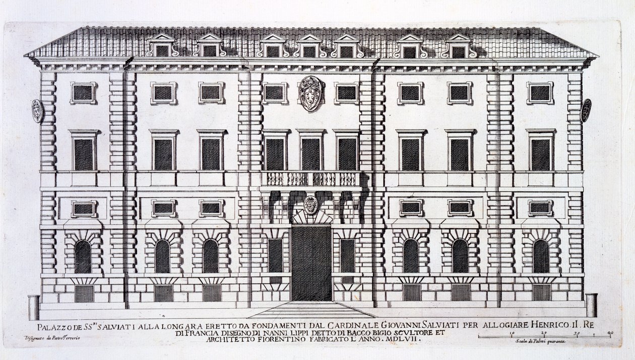 Widok fasady Palazzo Salviati w Rzymie, zamówionej przez kardynała Giovanniego Salviatiego dla Henryka, króla Francji, i zaprojektowanej przez Nanni di Baccio Bigio (zm. 1568 r.) w 1557 r. autorstwa Pietro Ferrerio
