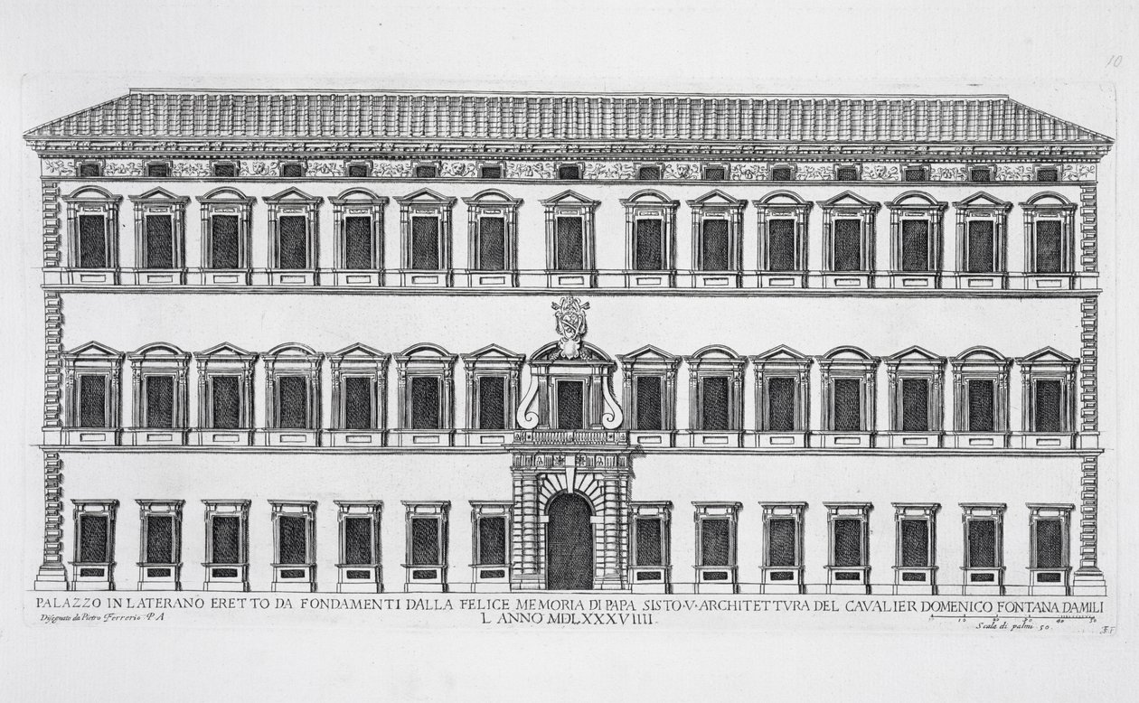 Widok fasady Pałacu Laterańskiego w Rzymie na zlecenie papieża Sykstusa V według projektu Domenico Fontany (1543-1607) w 1589 roku autorstwa Pietro Ferrerio