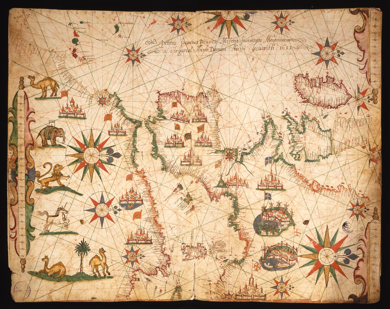 Wybrzeża atlantyckie Europy i zachodniej części Morza Śródziemnego, z atlasu morskiego, 1651 (tusz na welinie) (patrz także 330920-330921) autorstwa Pietro Giovanni Prunes