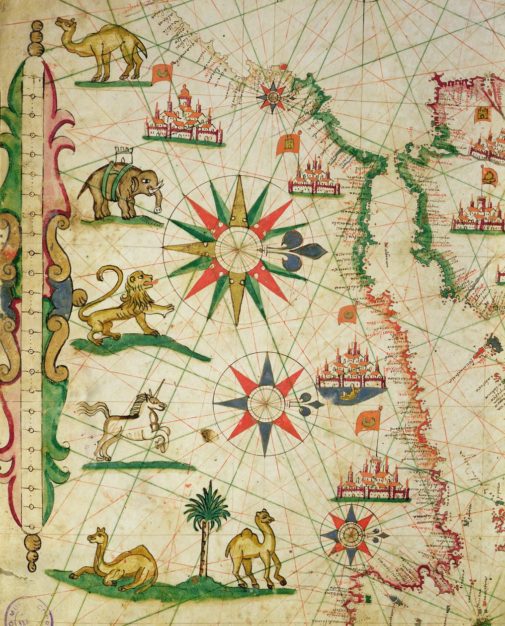 Wybrzeże Afryki Północnej, z atlasu morskiego, 1651 (atrament na welinie) (szczegół z 330919) autorstwa Pietro Giovanni Prunes