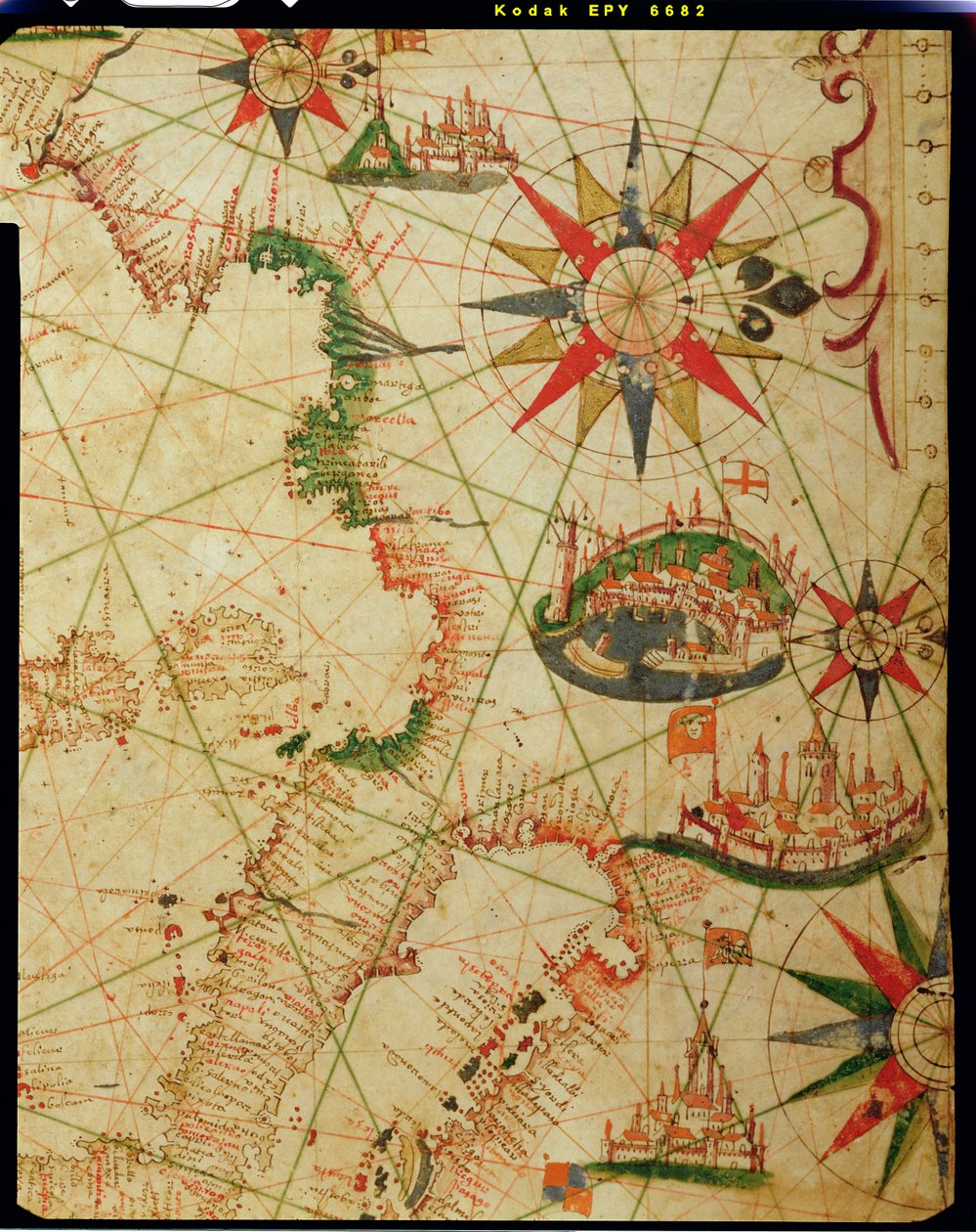 Południowe wybrzeże Francji, Włoch i Dalmacji, z atlasu morskiego, 1651 (tusz na welonie) (detal z 330924) autorstwa Pietro Giovanni Prunes