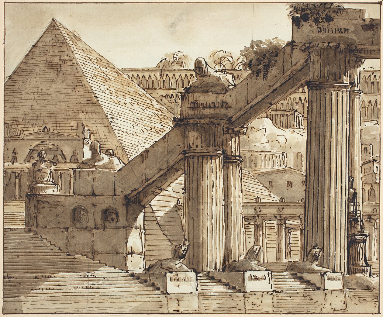 Egipska scenografia, 1800-10 (pióro i brązowy tusz z brązowym rozmyciem na graficie na papierze czerpanym) autorstwa Pietro Gonzaga