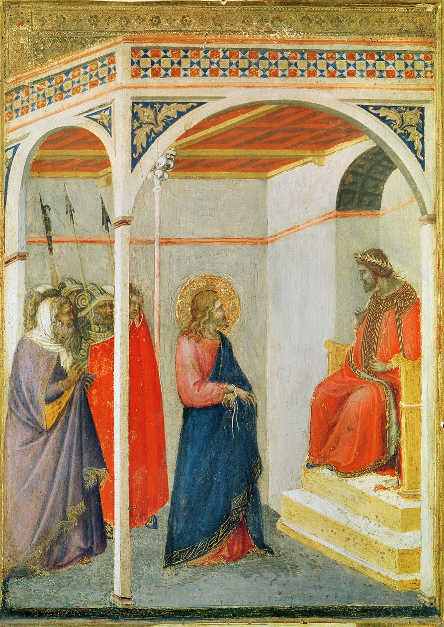 Chrystus przed Poncjuszem Piłatem, ok. 1335 (tempera i złoty liść na drewnie) autorstwa Pietro Lorenzetti