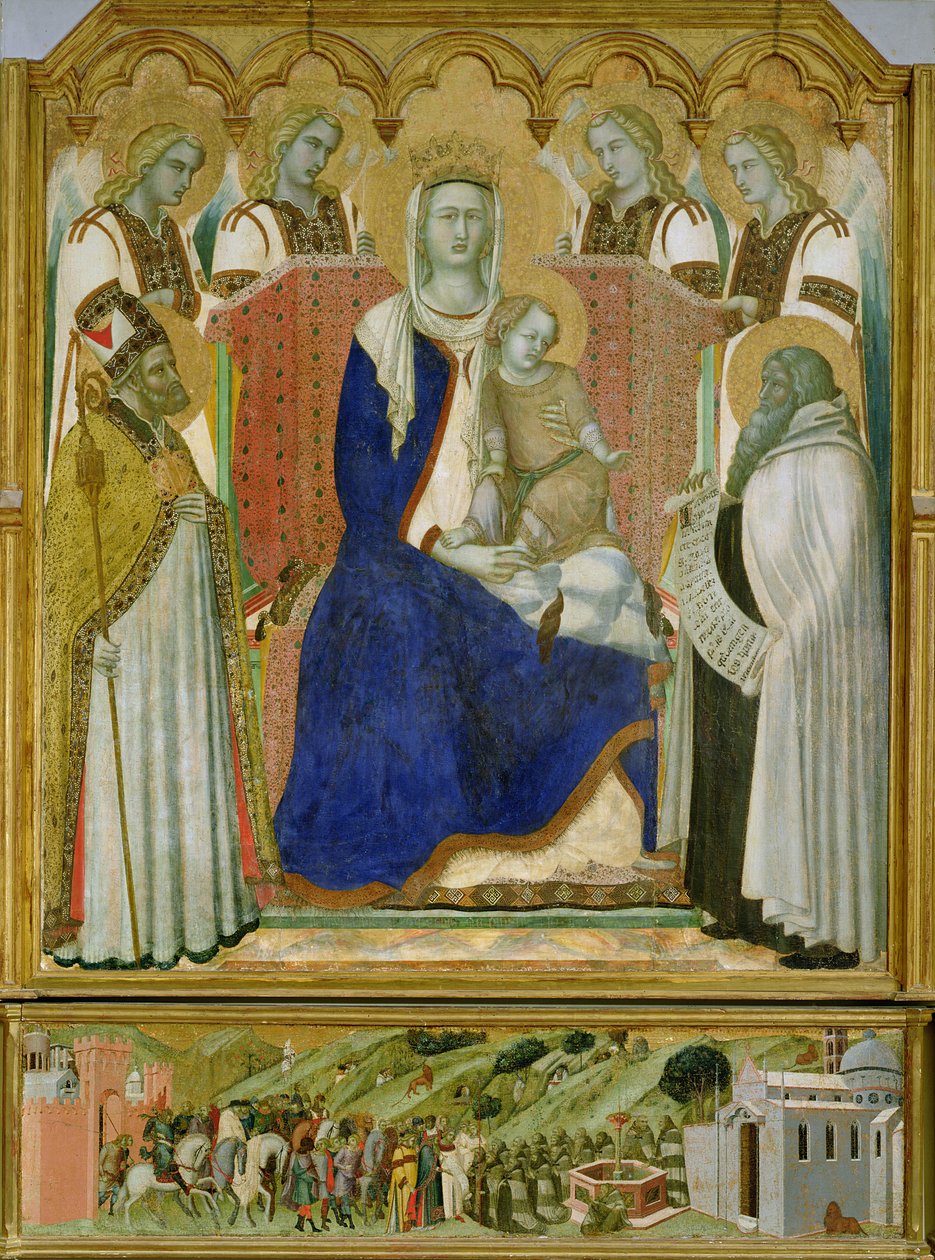 Ołtarz Karminowy, środkowa tablica przedstawiająca Dziewicę z Dzieciątkiem z aniołami, św. Mikołaj i prorok, Eliasz, 1329 autorstwa Pietro Lorenzetti