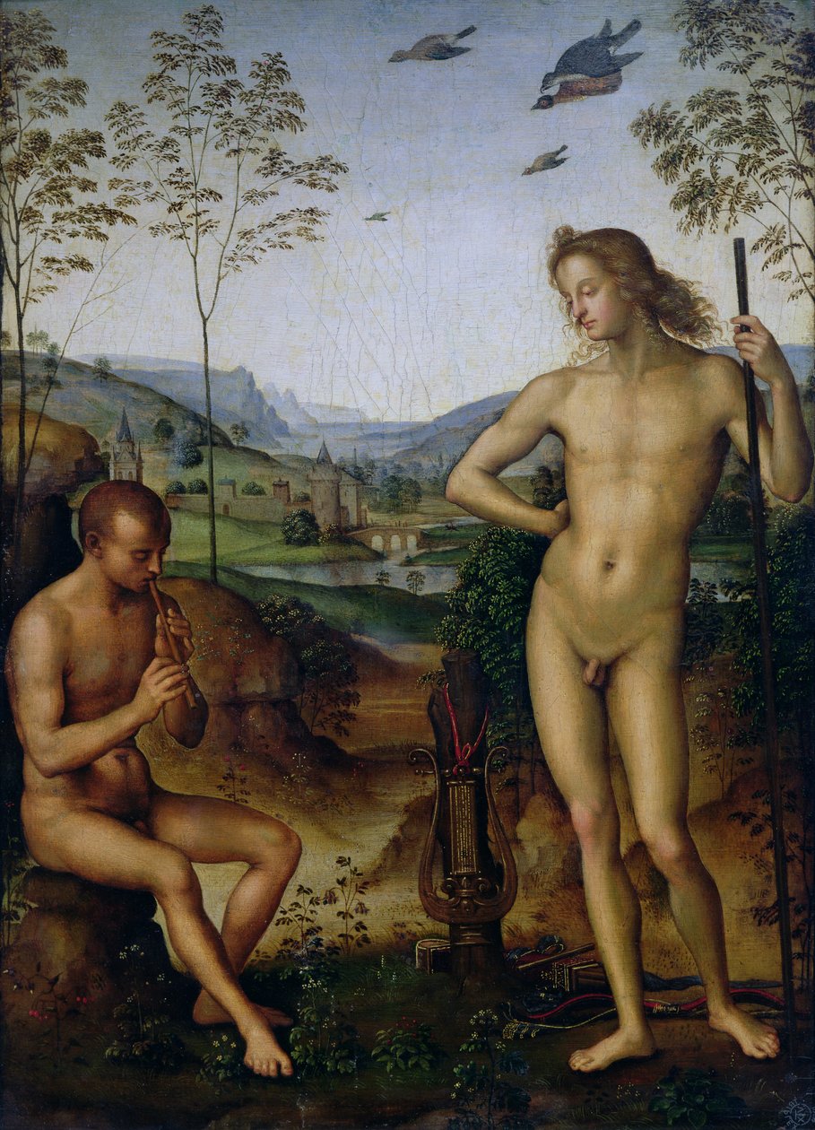 Apollo i pasterz Daphnis, ok. 1490-1500 autorstwa Pietro Perugino
