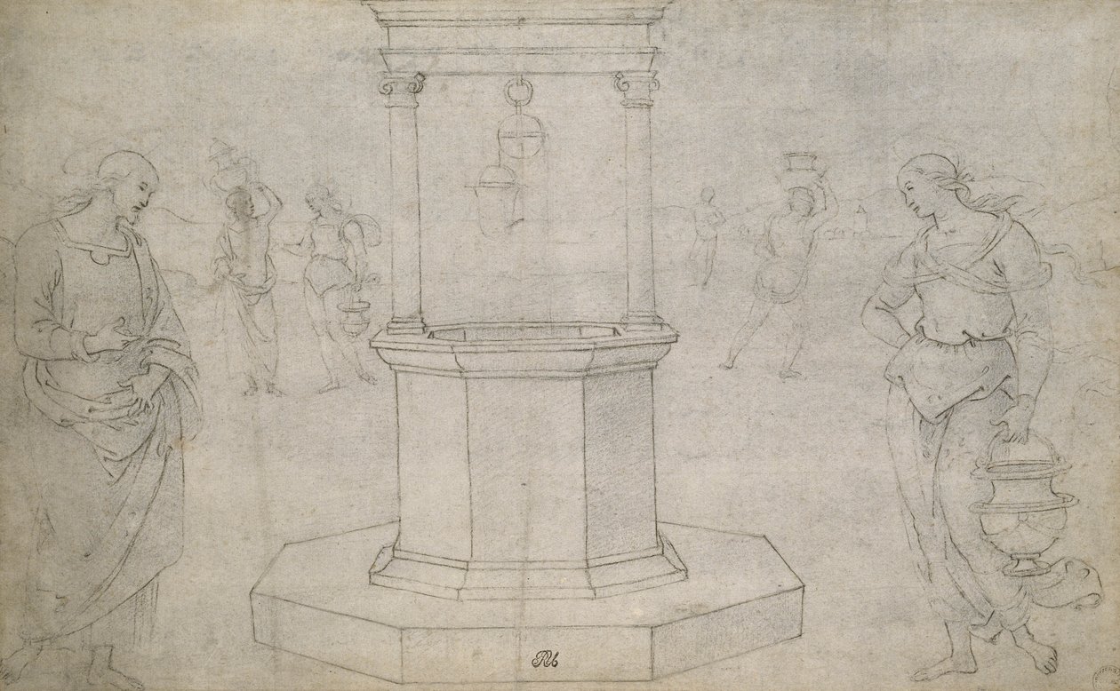 Chrystus i Kobieta z Samarii (czarna kreda na złamanym białym papierze) autorstwa Pietro Perugino