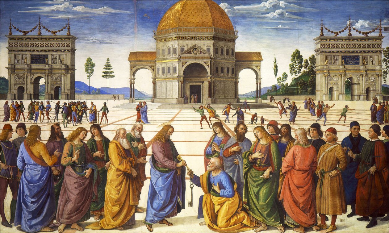 Wręczenie kluczy św. Piotrowi z Kaplicy Sykstyńskiej, 1481 autorstwa Pietro Perugino