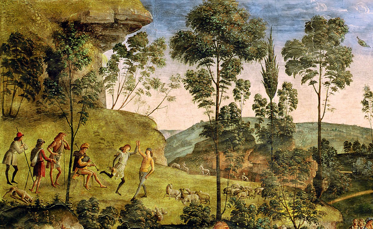 Pasterze kóz i pasterze wykonujący muzykę i taniec, fragment z „Podróży Mojżesza”, ok.1481-3 (detal z 218710) autorstwa Pietro Perugino