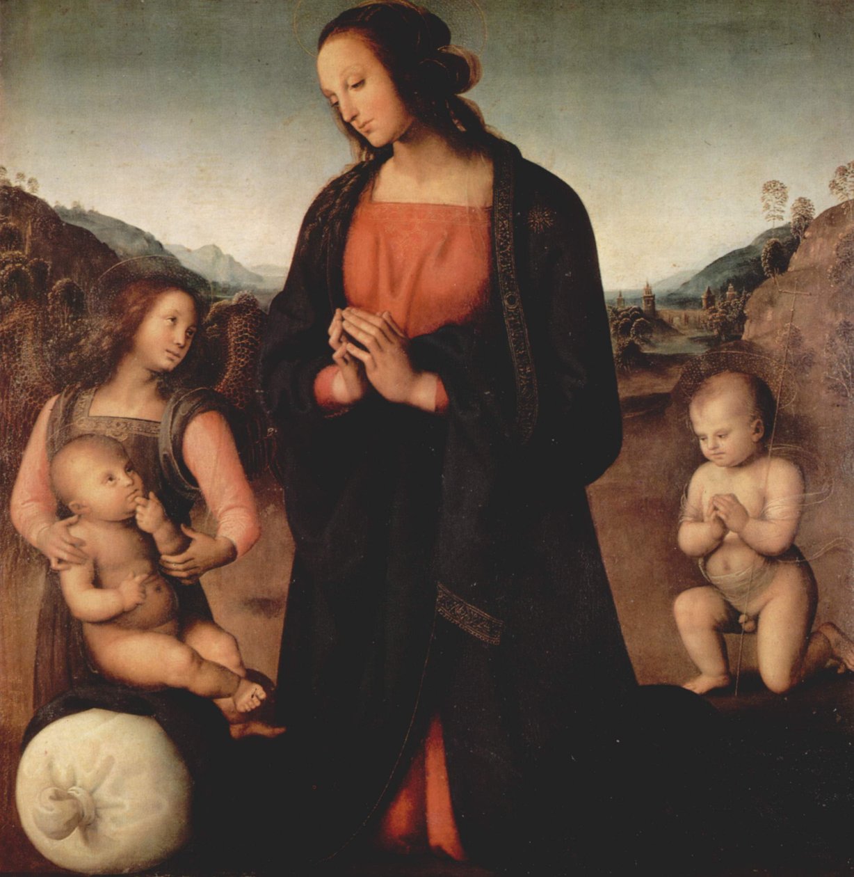 Maryja adorująca Dzieciątko, z Janem Chrzcicielem i aniołem (Madonna z Sacco) autorstwa Pietro Perugino