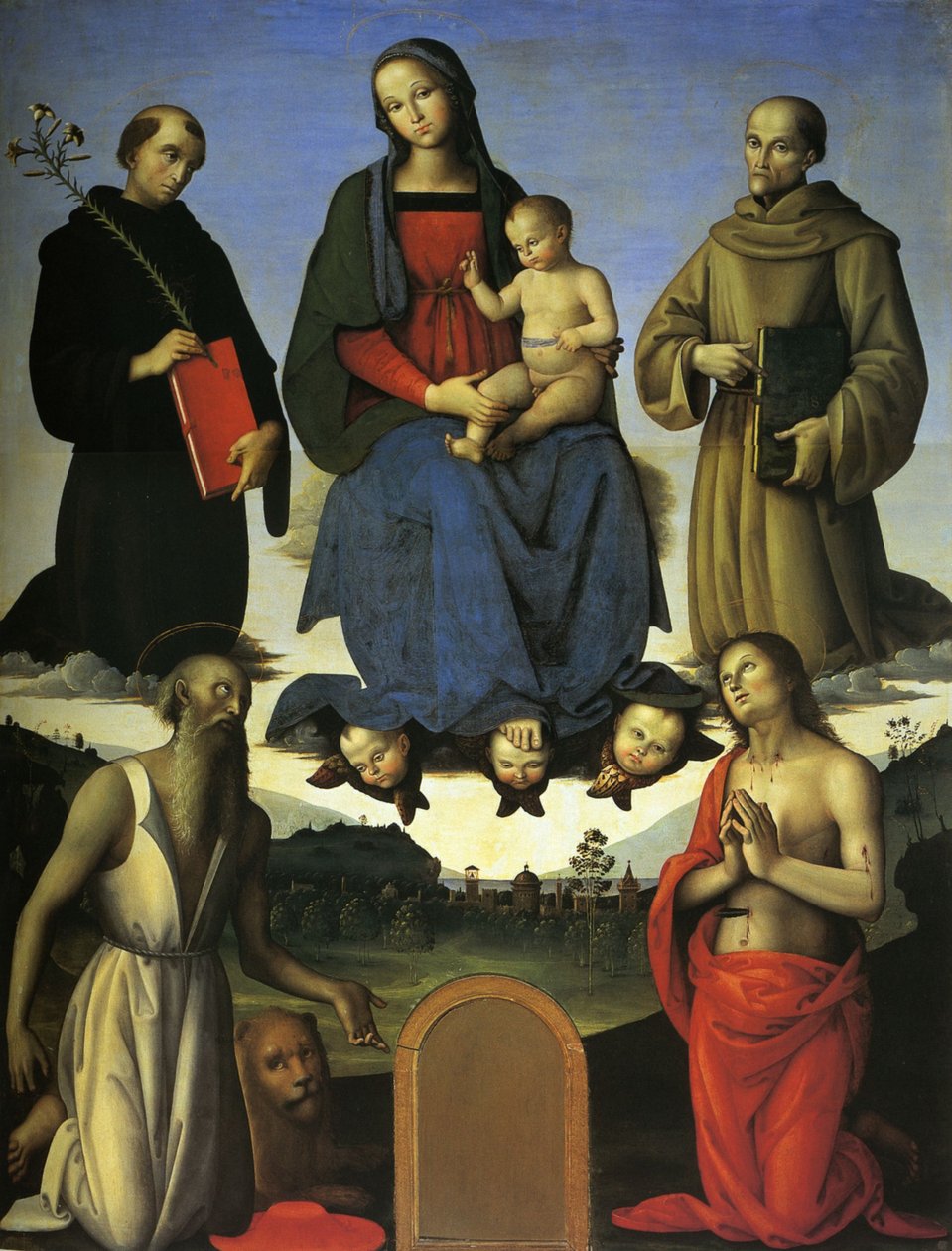 Ołtarz Tezi (Dziewica z Dzieciątkiem, św. Mikołaj z Tolentino i św. Bernardyn ze Sieny) autorstwa Pietro Perugino