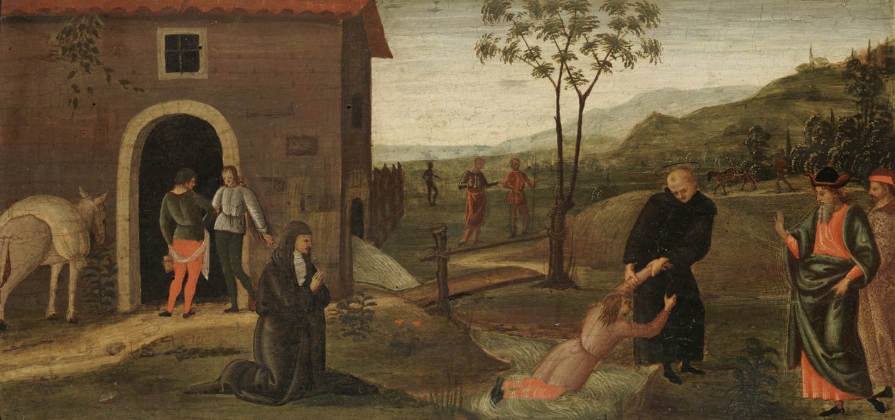 Św. Mikołaj z Tolentino ratujący chłopca przed utonięciem, ok. 1500-30 (tempera na desce) autorstwa Pietro Perugino