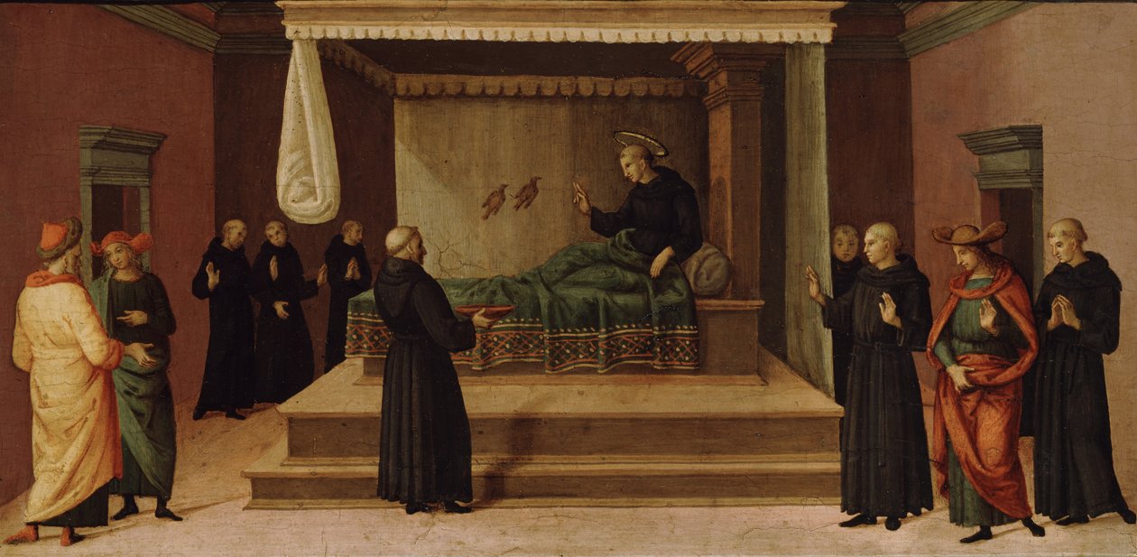 Św. Mikołaj z Tolentino przywracający do życia dwie kuropatwy, ok. 1500-30 (tempera na desce) autorstwa Pietro Perugino