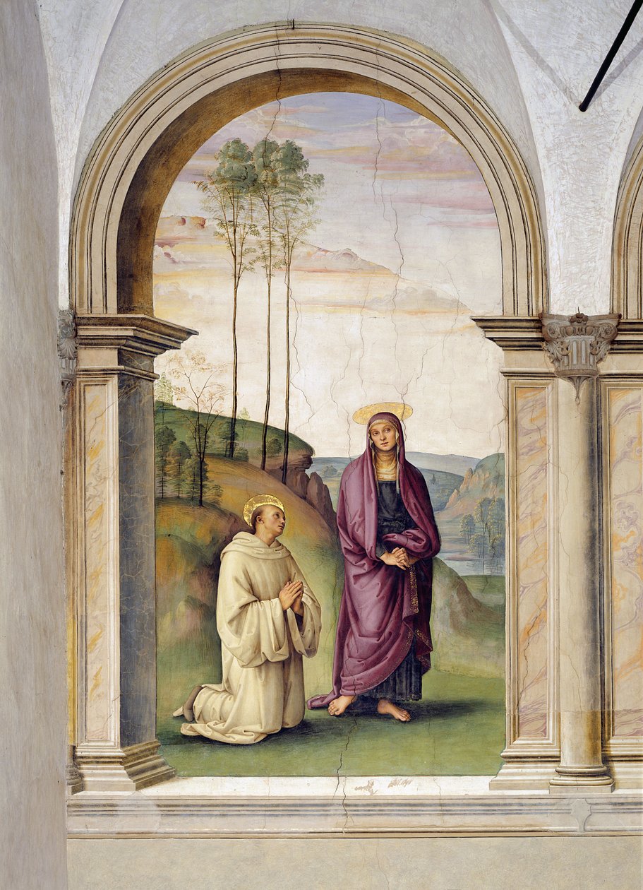 Ukrzyżowanie, fragment św. Bernarda i Marii Magdaleny, 1494-96 fragment fresku z 230578 autorstwa Pietro Perugino