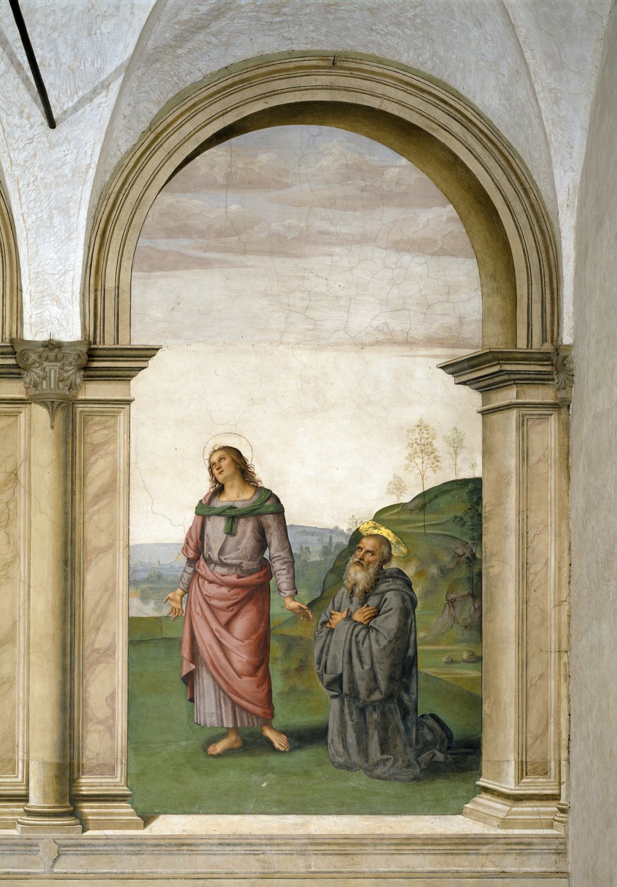 Ukrzyżowanie, fragment św. Jana Ewangelisty i św. Benedykta, 1494-96 fragment fresku z 230578 autorstwa Pietro Perugino