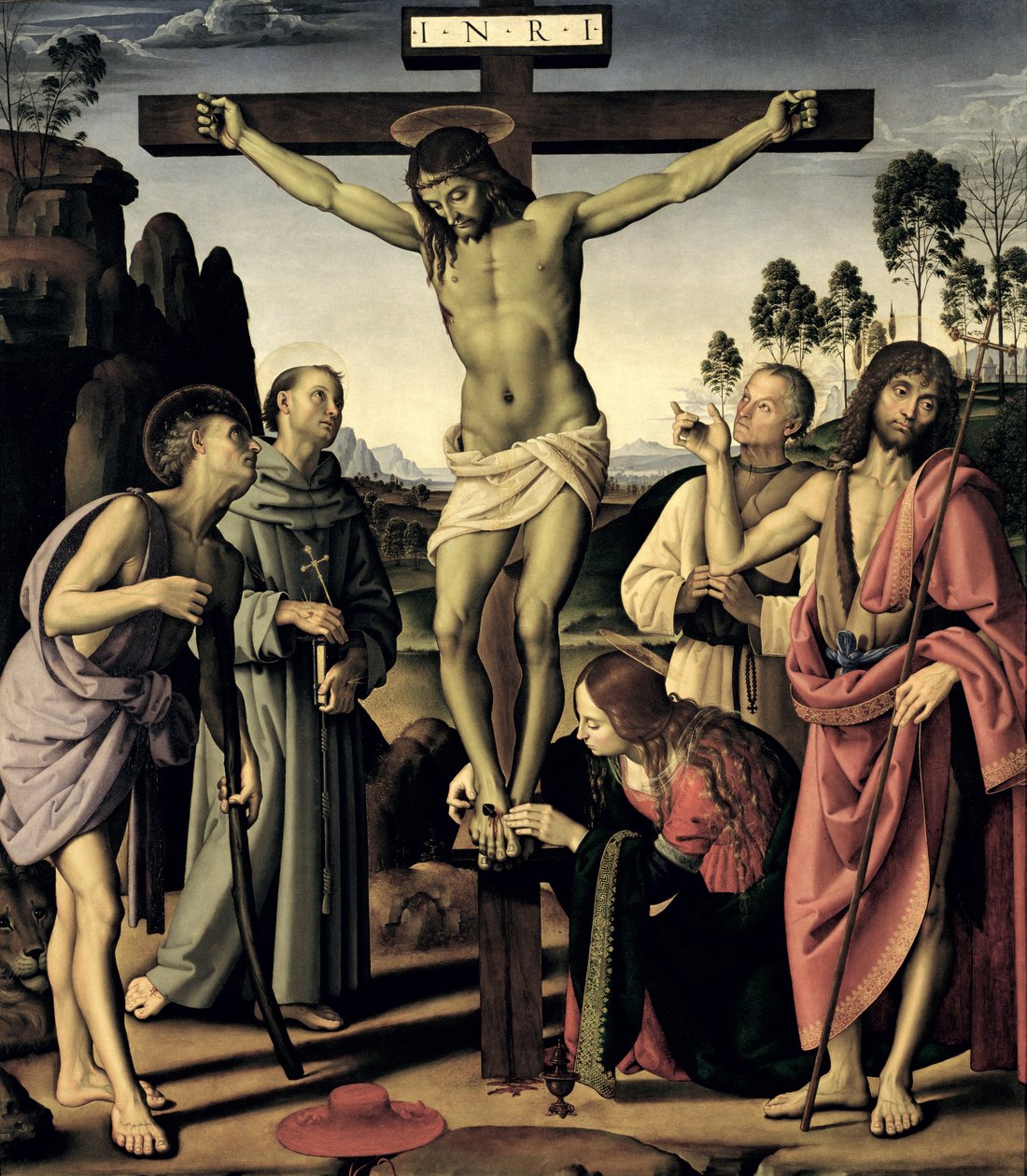 Ukrzyżowanie ze świętymi Hieronima, Franciszkiem, Marią Magdaleną, Janem Chrzcicielem i błogosławionym Giovannim Colombinim, ok. 1480-1500 autorstwa Pietro Perugino