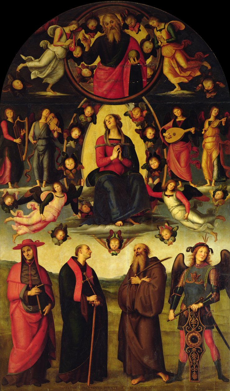 Dziewica na tronie, z aniołami i świętymi (ołtarz z Vallombrosy) autorstwa Pietro Perugino