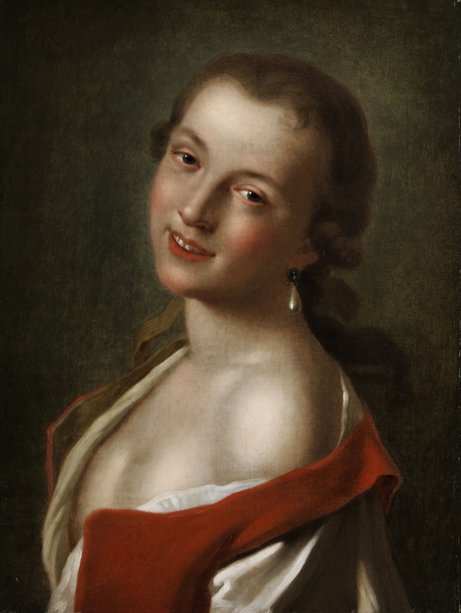 Pół portret młodej uśmiechniętej dziewczyny z perłowym kolczykiem w kształcie łzy autorstwa Pietro Antonio Rotari