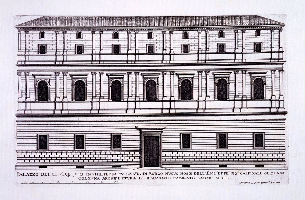 Palazzo of the Kings of England w Borgo Nuovo w Rzymie, z „Palazzi di Roma”, cz. I, wydane 1655 autorstwa Pietro Ferrerio
