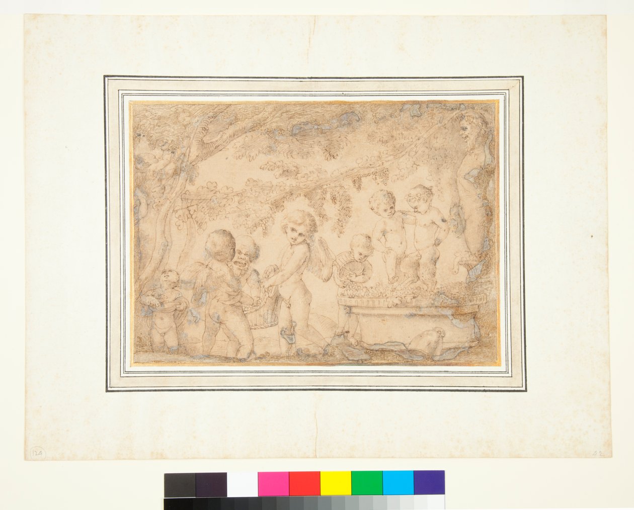 Putti i Infant Satyrs Tłoczenie Winogrona (pióro i brązowy tusz oraz brązowe pranie) autorstwa Pietro Testa