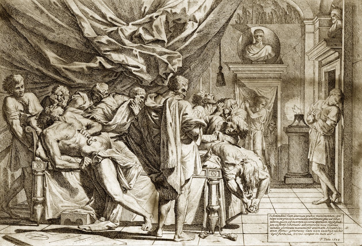 Śmierć Catona Starszego (Marcus Porcius Cato) lub Catona Cenzora (234-149 pne) Pietro Testa 1648 - Śmierć Cato - 1648, Pietro Testa (1612-1650 pne), akwaforta - autorstwa Pietro Testa