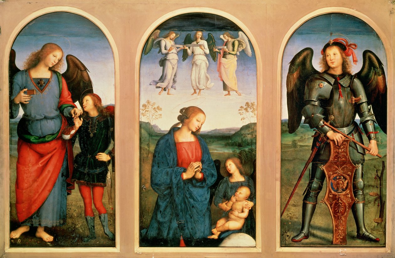 Dziewica z aniołami, po lewej i prawej Archaniołowie Rafael z młodym Tobiaszem i rybą oraz Rafael ... (obraz na płótnie) autorstwa Pietro (after) Perugino
