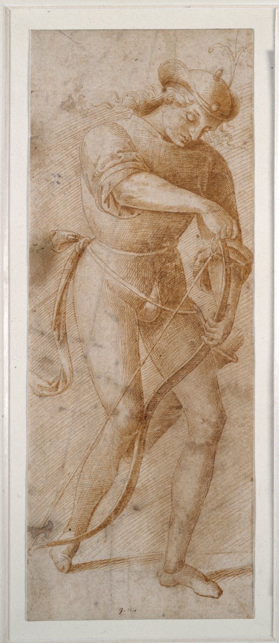 Młody mężczyzna naciągający łuk (długopis i brązowy atrament na białym papierze) autorstwa Pietro (follower of) Perugino