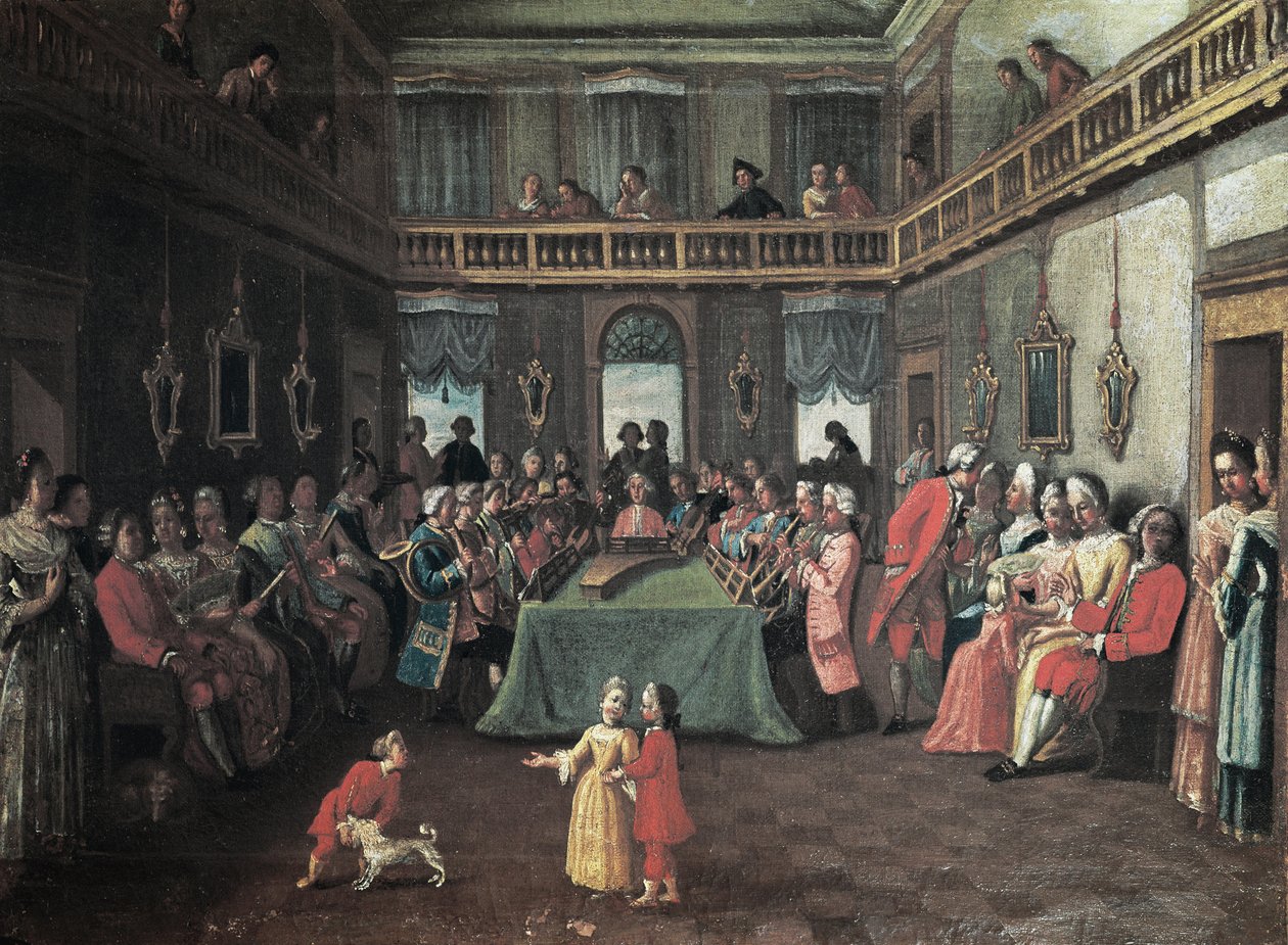 Koncert w prywatnym domu - Prywatny koncert w domu. Malowanie szkoły Pietro Longhi autorstwa Pietro (school of) Longhi