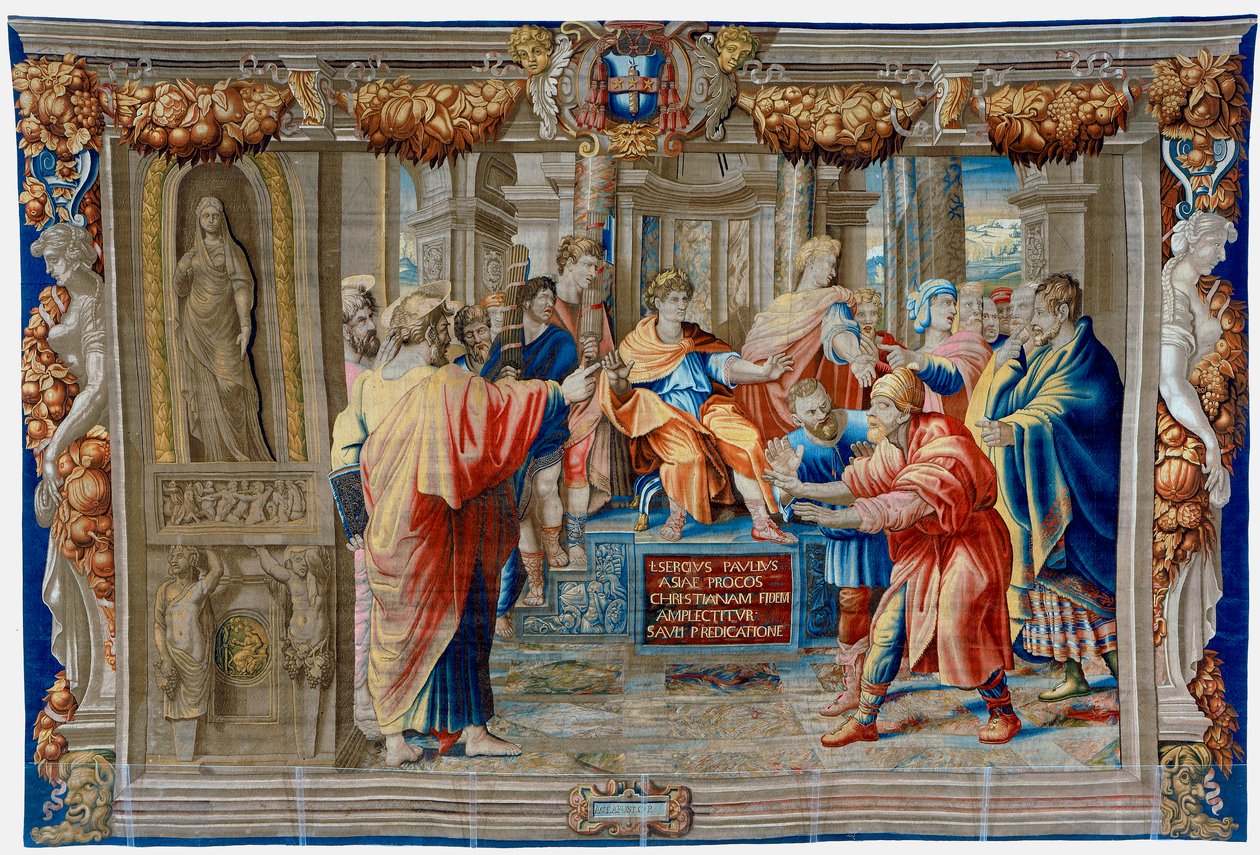 Gobelin z XVII wieku przedstawiający Oślepienie czarnoksiężnika Elima autorstwa Pietro 1579 1669 Fevère