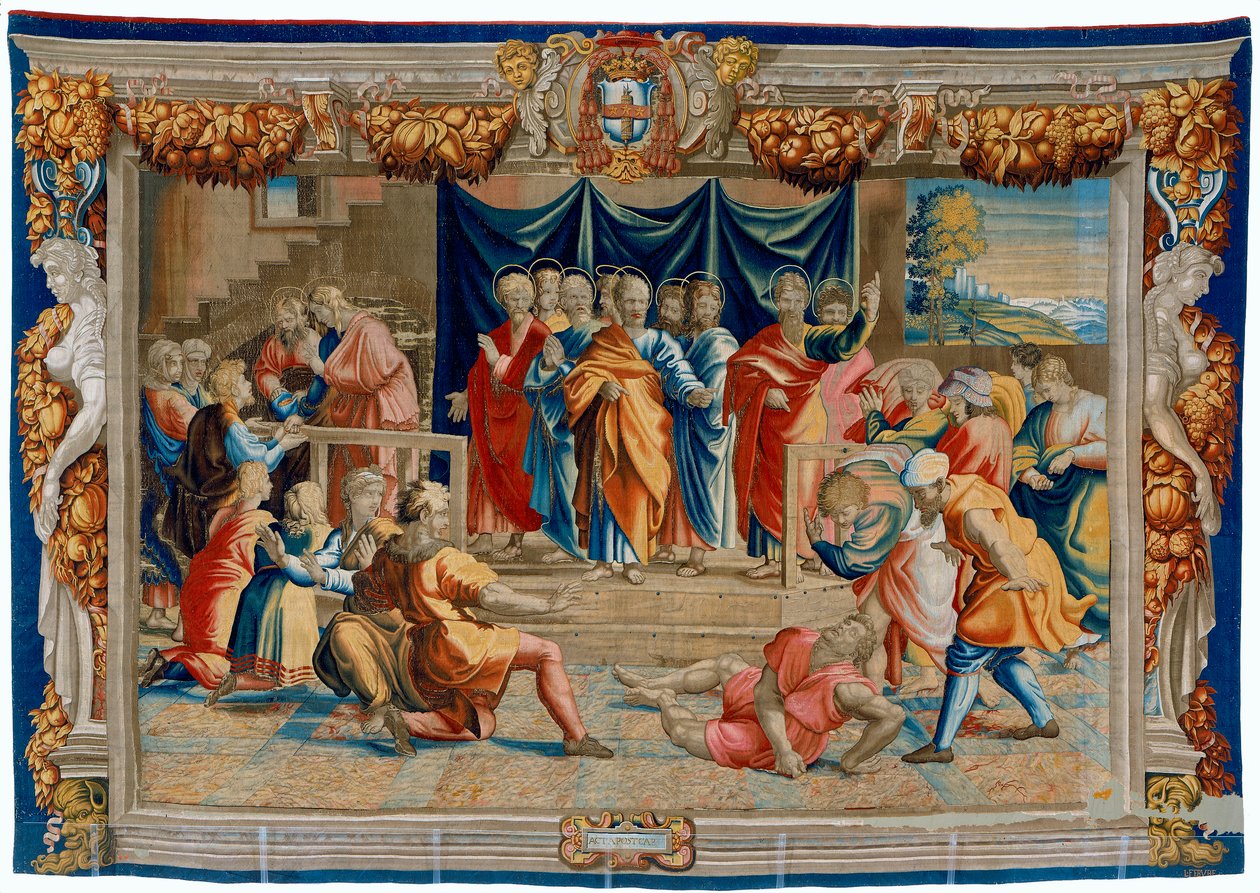 Gobelin z XVII wieku przedstawiający śmierć Anania autorstwa Pietro 1579 1669 Fevère