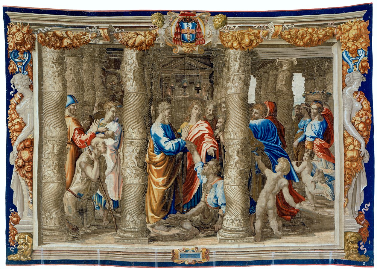 Gobelin z XVII wieku przedstawiający uzdrowienie kaleki autorstwa Pietro 1579 1669 Fevère
