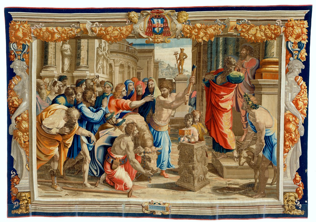 Gobelin z XVII wieku przedstawiający Ofiarę Listry autorstwa Pietro 1579 1669 Fevère