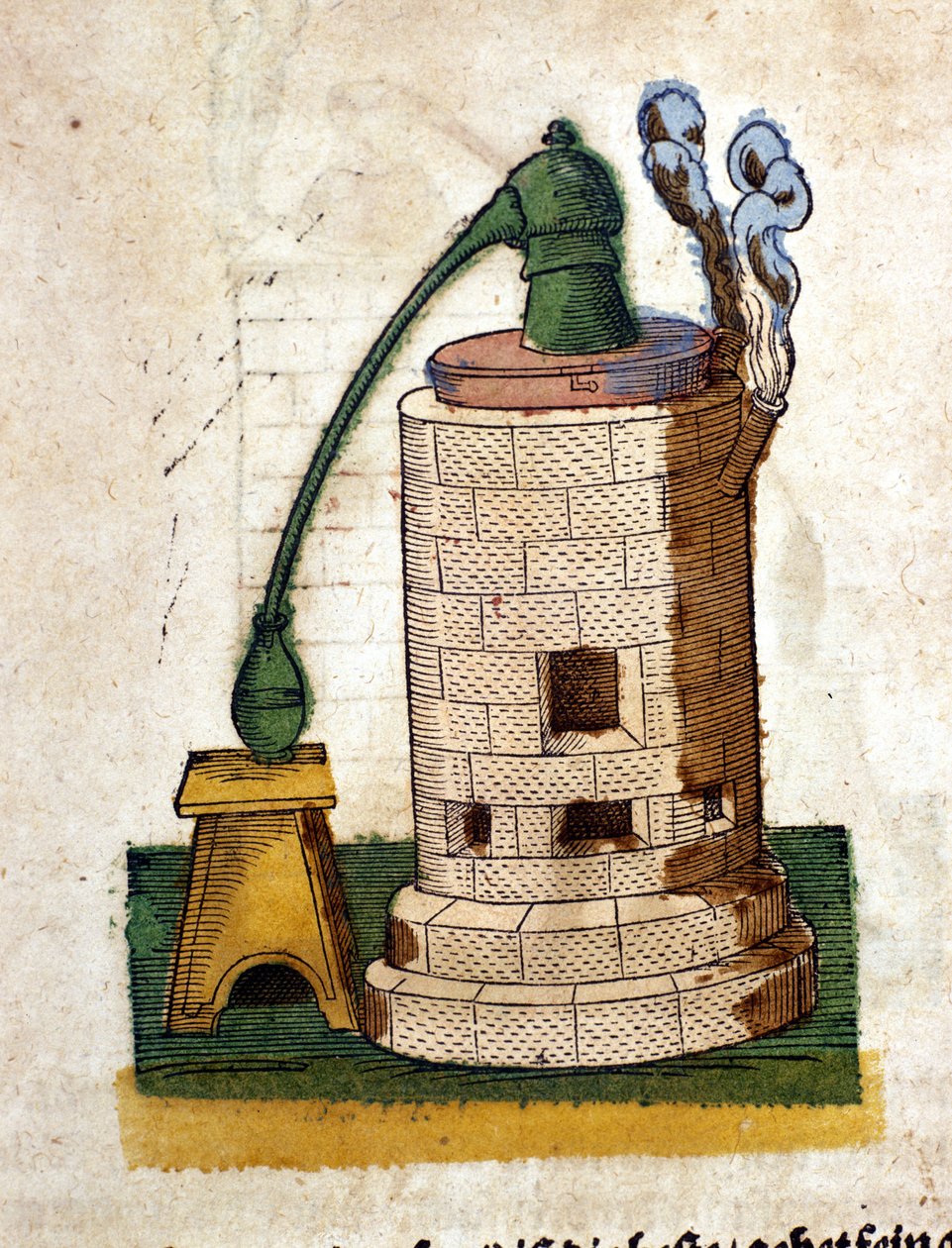Alchemia: Aparatura do destylacji. Rycina z książki Pietro Andrea Mattioli (Matthiole) (1500-1577). Frankfurt autorstwa Pietro Andrea Mattioli