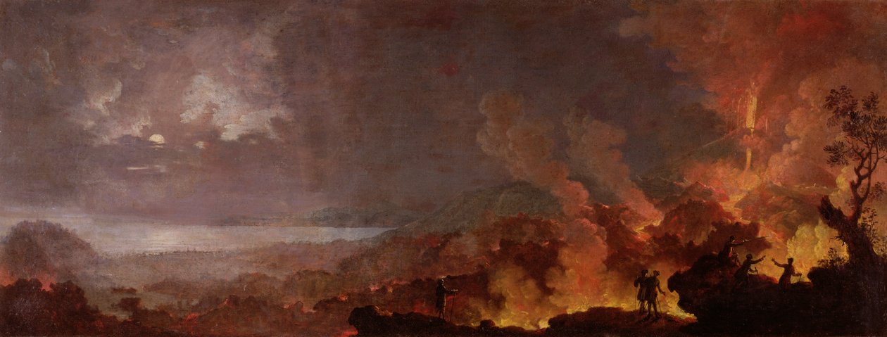 Wezuwiusz wybuchający nocą z zwiedzającymi na pierwszym planie autorstwa Pietro Antoniani